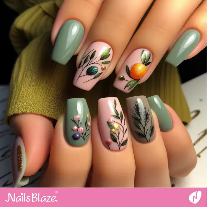 Green and Pink Nails with Olive Leaves | Nature-inspired Nails - NB1621